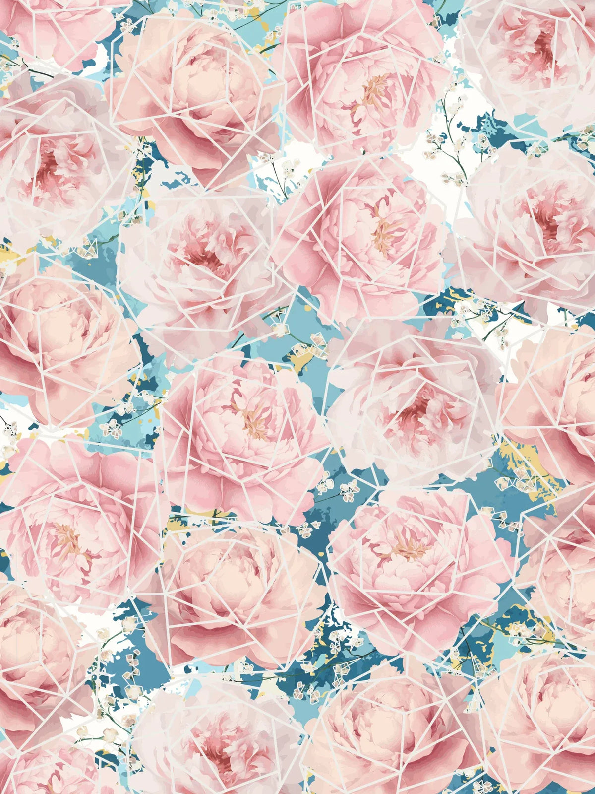 Pink peonies with geometric lines on a blue and white abstract background.