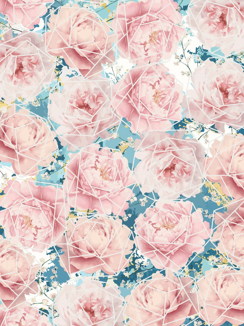 Pink peonies with geometric lines on a blue and white abstract background.