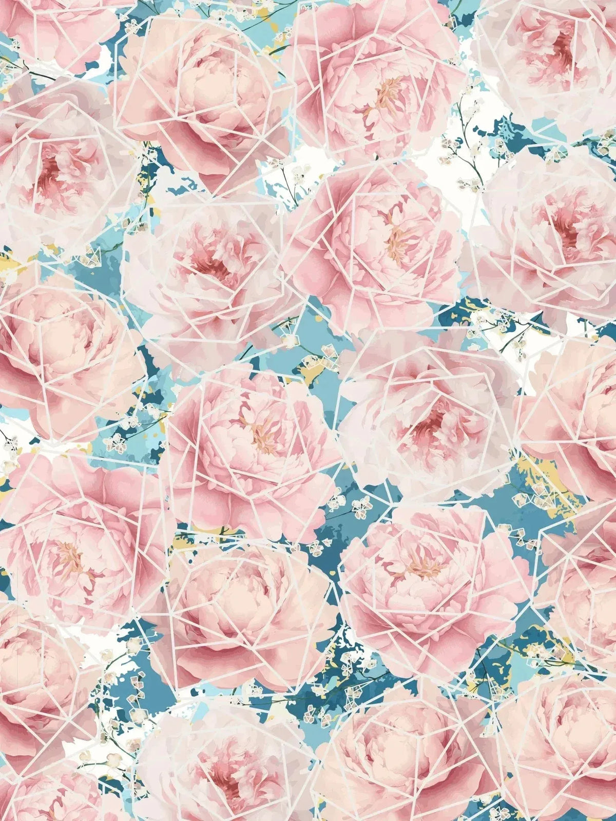 Pink and blue floral fabric featuring a scattered rose print pattern.