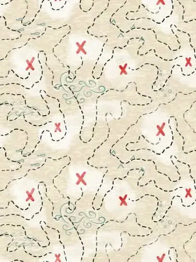 A seamless pattern of a treasure map with dashed lines and red X marks.