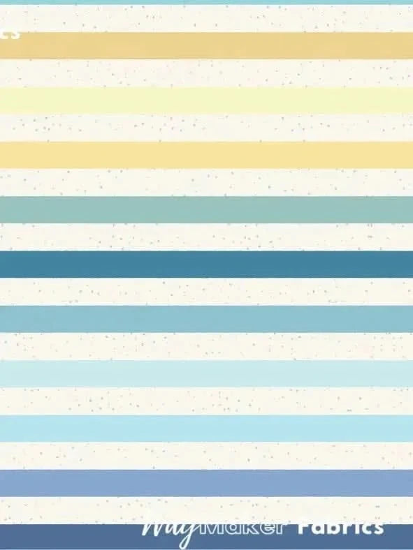 Seaside Stripes faith-based striped fabric in blue, yellow, and white tones.