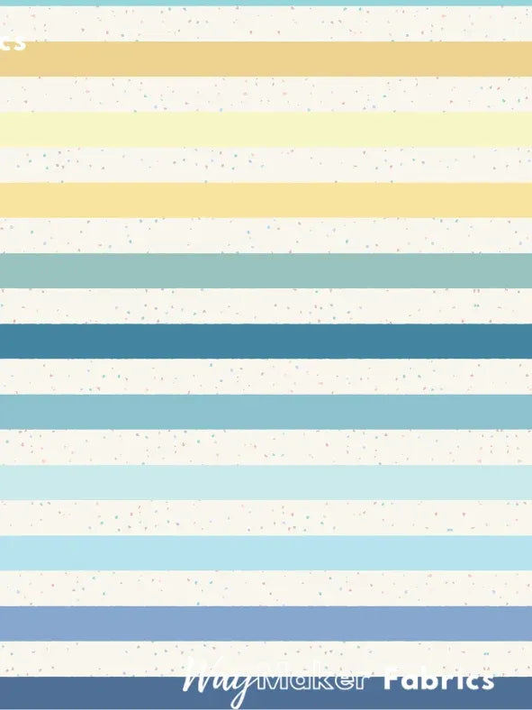 Seaside Stripes fabric with horizontal bands of yellow, blue, and white with speckles.