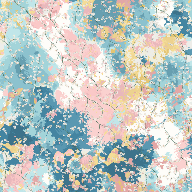 Pastel floral pattern with blue, pink, and yellow colors on a light blue background.
