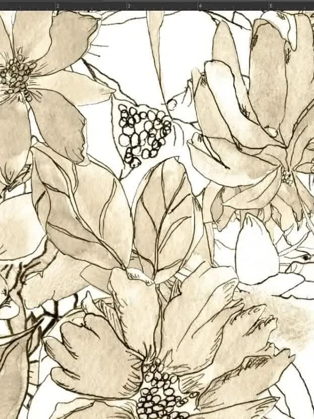 A sepia-toned sketch of various flowers and leaves in a dense, overlapping pattern.