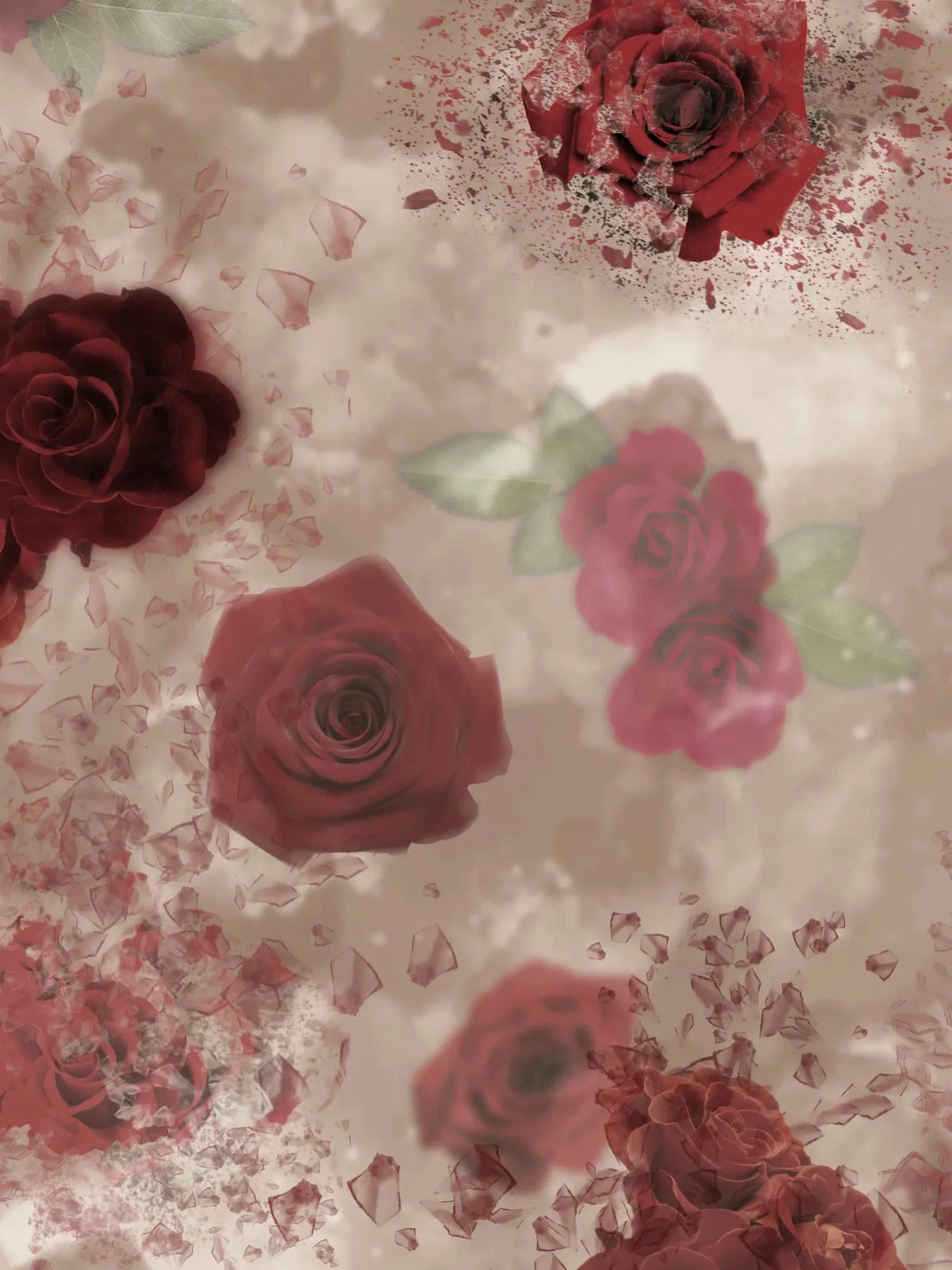A pattern of red roses and shattered glass on a light brown background.