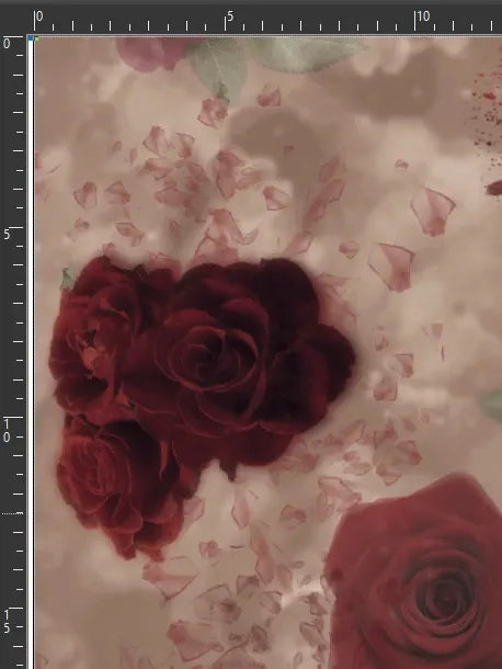 Shattered red roses and petals are scattered across a cloudy, light brown background.