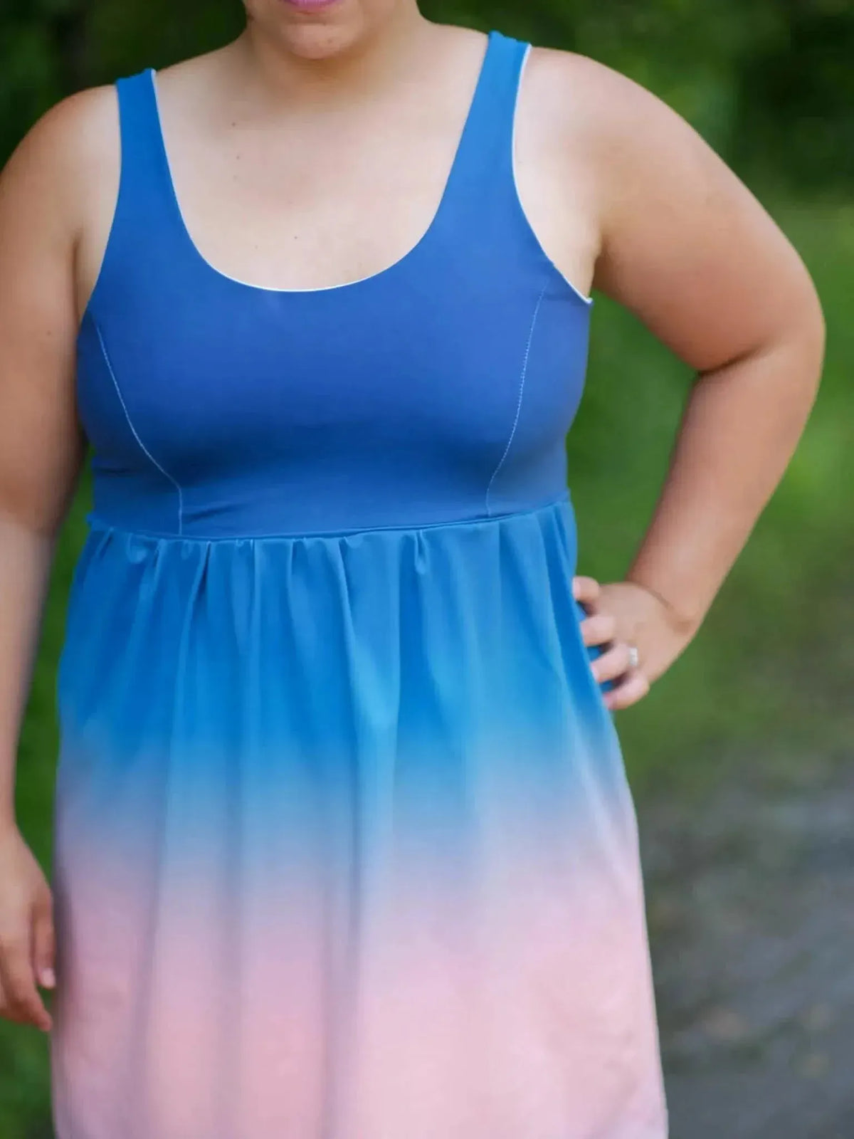 Blue gradient ombre fabric with coastal theme, shown as a sleeveless dress.