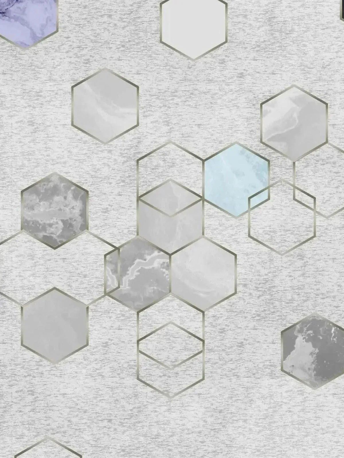Fabric with a silver geometric hexagon pattern featuring marble textures and a blue accent.