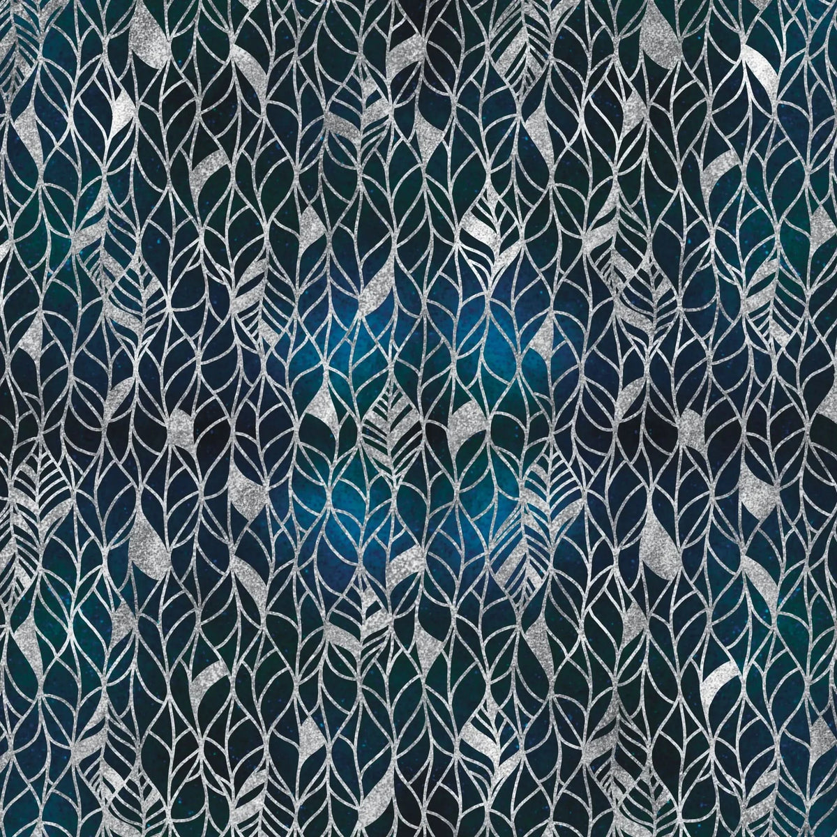 Silver leaves pattern on a dark blue and teal background.