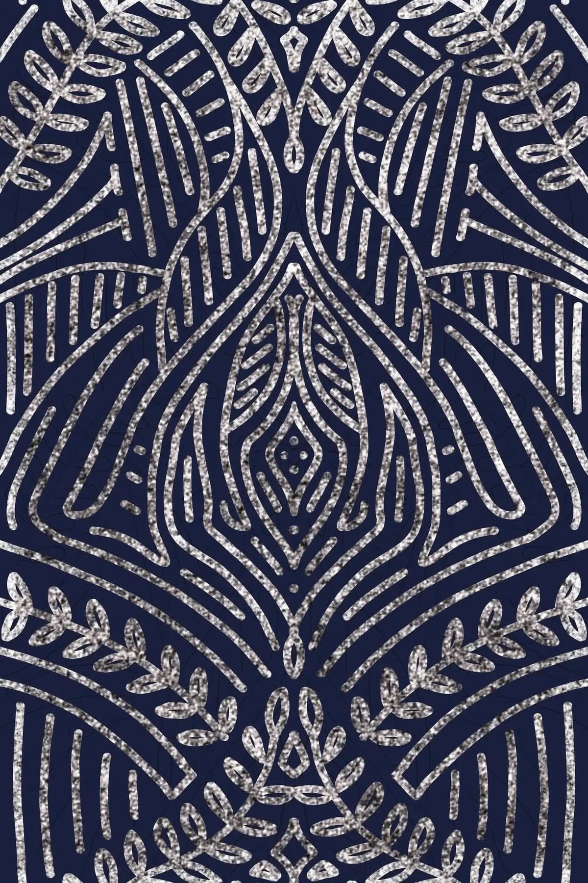 A dark blue fabric with a symmetrical silver glitter art deco pattern.