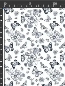 White fabric with a repeating pattern of outlined butterflies and flowers.