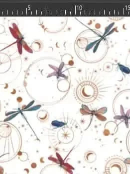 White fabric with celestial dragonflies and moons in gold and various colors.