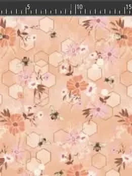 A peach fabric with a pattern of bees, flowers, and honeycomb shapes.