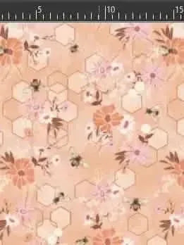 Peach fabric with honeycomb pattern, pink flowers, and bees.
