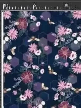 Purple fabric with printed garden bees, hexagons, and pink-purple flowers.