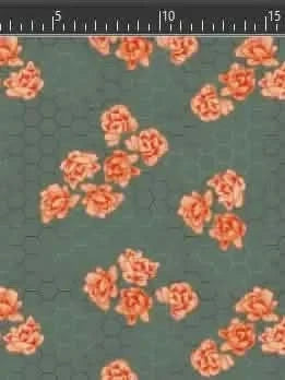 A dark green fabric with a subtle honeycomb pattern and scattered orange floral clusters.
