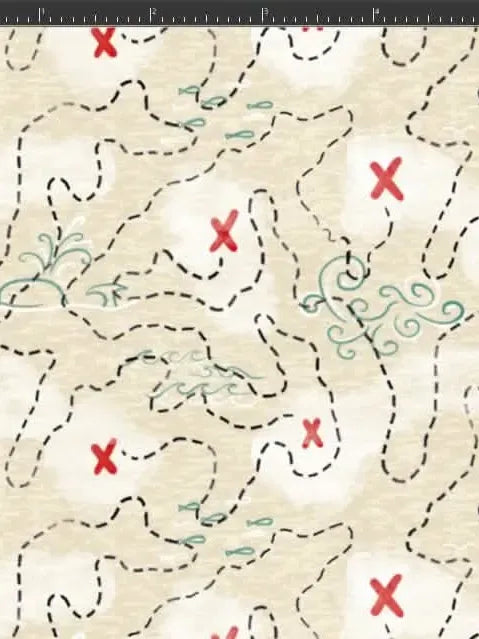A beige fabric with a pattern of dashed lines, red X's, and small sea elements.