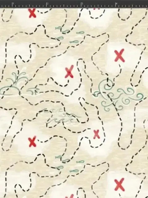 Beige fabric with pirate treasure map print featuring dashed lines, red X marks, and green swirls.