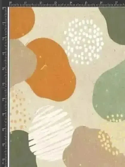 Mod Forest Fabric with earthy abstract forest print in orange, green, and beige tones.