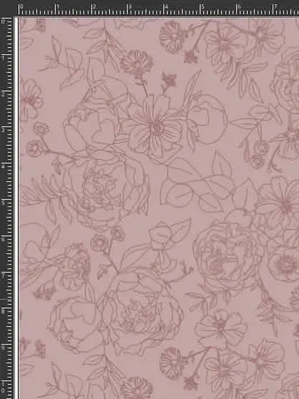 Mauve fabric with a continuous pattern of stenciled floral outlines.