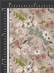 Tan fabric with a Japanese floral pattern featuring pink, white, and blue flowers.