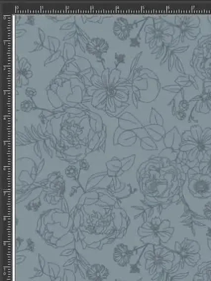 Dusty blue fabric with a stenciled floral pattern.