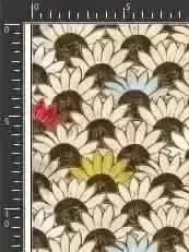 Vibrant sunflower print fabric with white, yellow, blue, and red flowers on brown background.