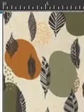 Mod Leaves fabric with abstract shapes and black leaf patterns.