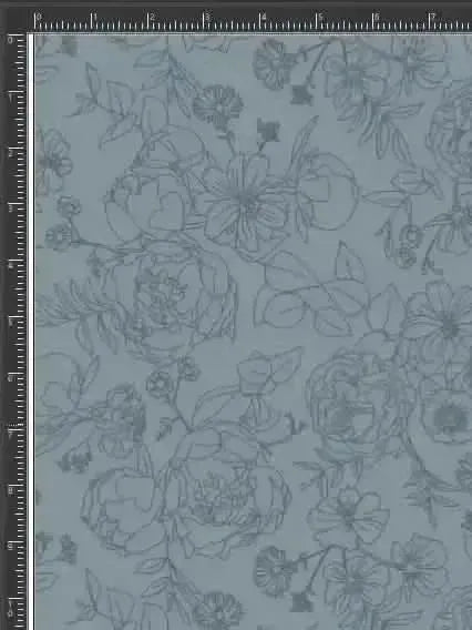 Dusty blue fabric with stenciled floral and leaf pattern.