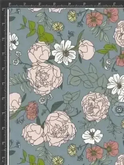 Dusty blue Japanese floral fabric with pink and white flowers and green leaves.