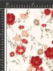 Fabric with a pattern of red and peach flowers on a cream background.
