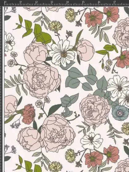 Japanese floral fabric with pink, white, and green flowers on a light background.