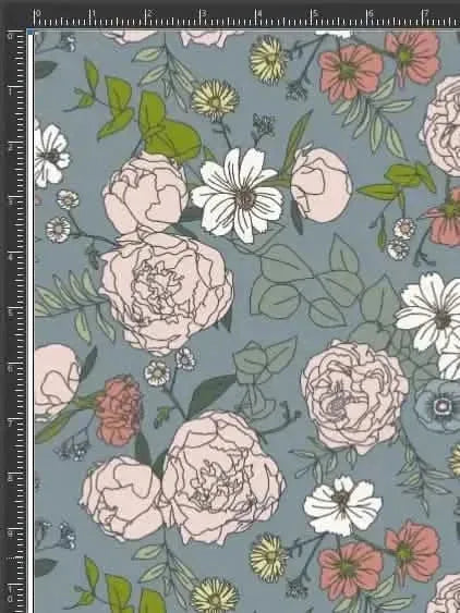 Dusty blue Japanese floral fabric with pink and white flowers and green leaves.