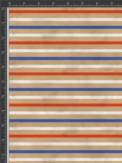 Vintage striped fabric with red, white, and blue horizontal lines on a tan background.