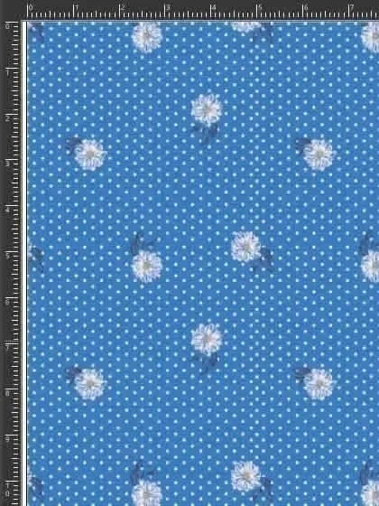 Blue fabric with scattered white daisy-like flowers in a vintage floral print.