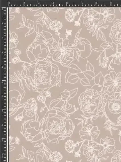 Tan stenciled floral print fabric with white line drawings of peonies and leaves on a beige background.