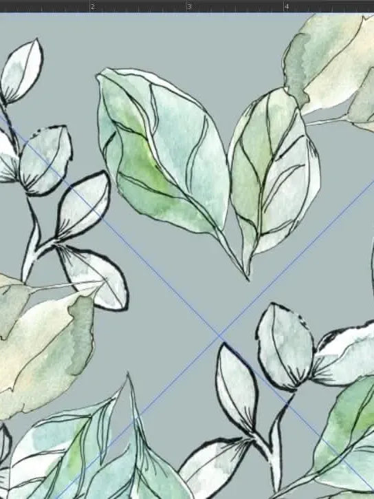Fabric with a watercolor willow leaf pattern on a light blue-gray background.