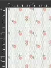 A white fabric with a pattern of small pink flowers and tiny black dots.