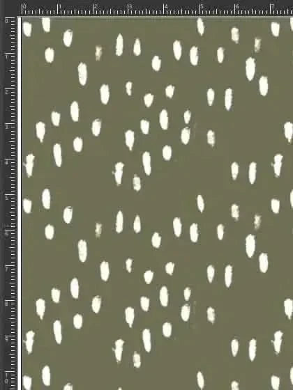 Olive green fabric with abstract white dots pattern.