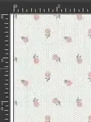 White fabric with scattered pink floral blooms and leaves in a vintage print.
