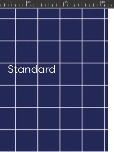 Three navy blue fabric swatches with white grid patterns of varying sizes.