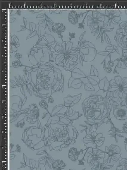 Dusty blue fabric with stenciled floral and leaf pattern.