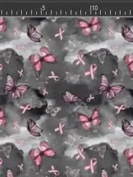 Fabric with pink ribbons and butterflies on a gray background.