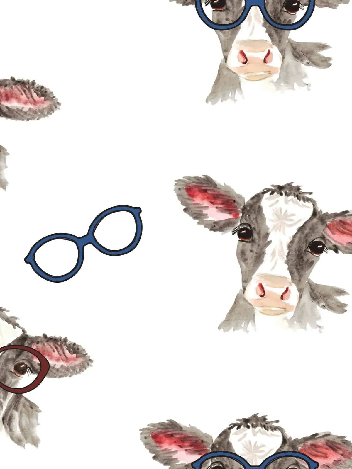 A white fabric features a pattern of watercolor calves and eyeglasses.