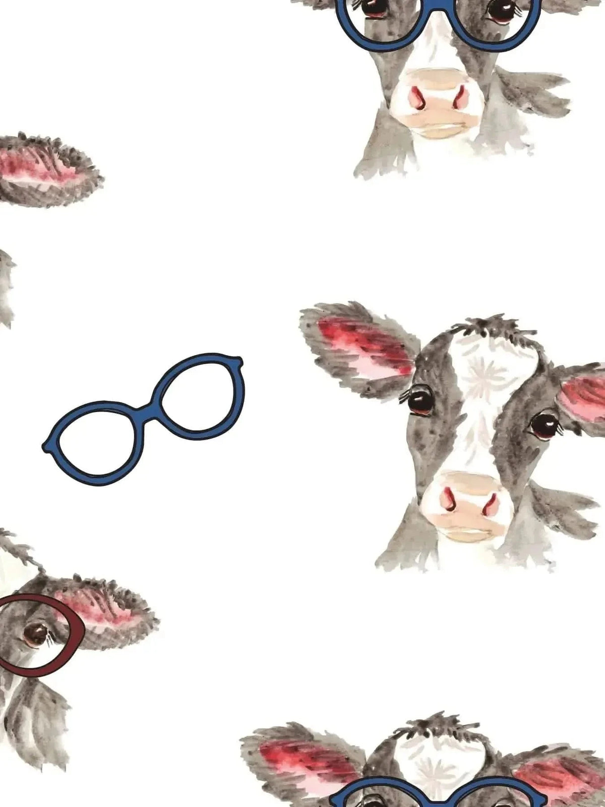White novelty fabric printed with cartoon calves wearing blue glasses.