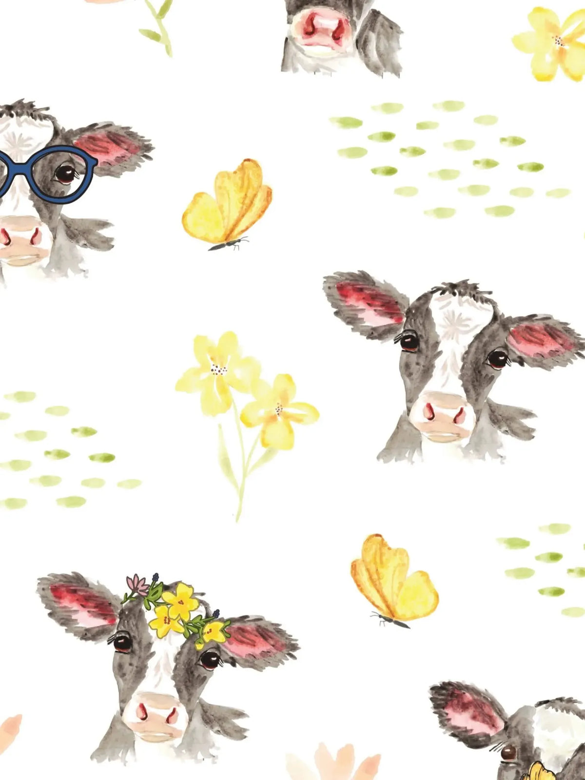 A white fabric with a watercolor pattern of calves, butterflies, and yellow flowers.