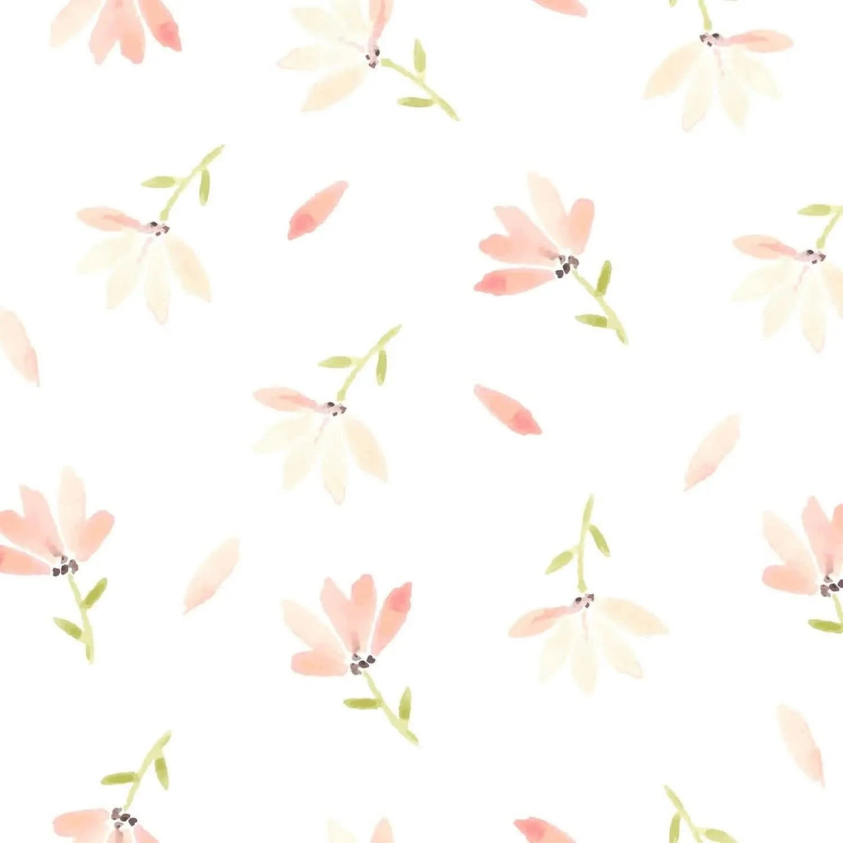 A white fabric with a repeating pattern of delicate pink and cream watercolor flowers.