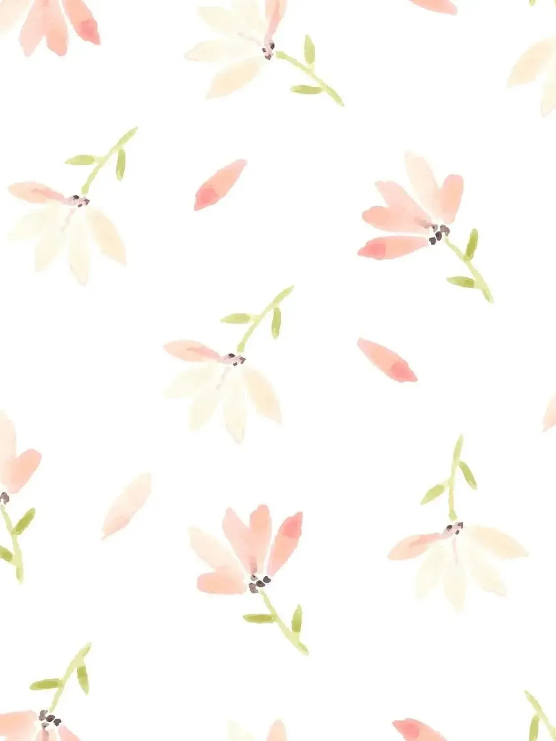 White fabric with scattered pink and cream watercolor-style spring flowers.