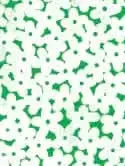 A green fabric with an overlapped floral pattern of white flowers with black centers.