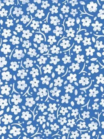 Blue fabric with a pattern of small white flowers and leaves.